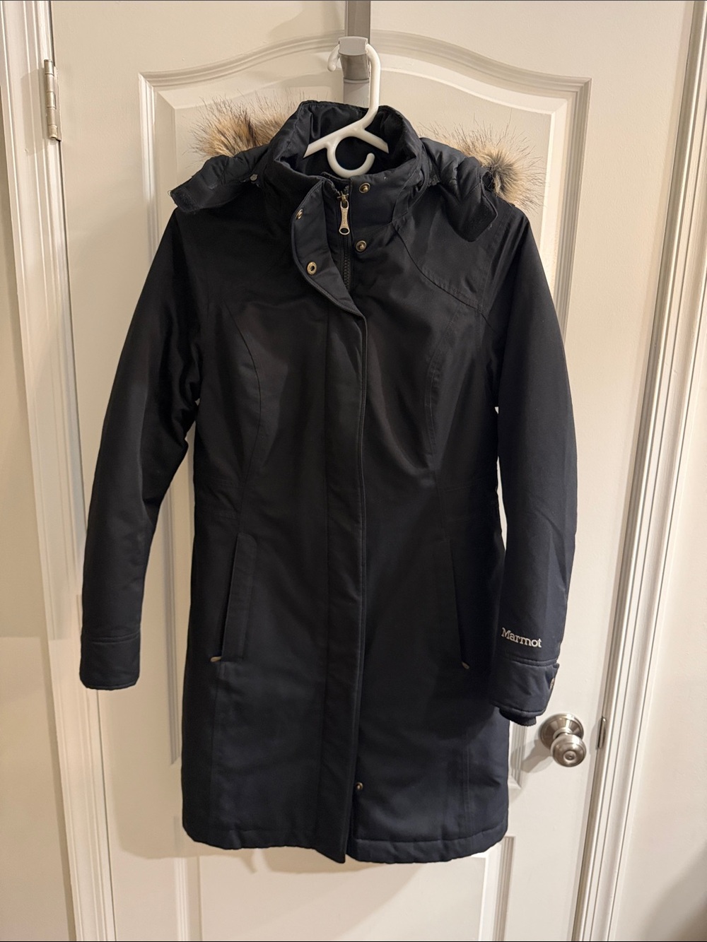Marmot Black Long Parka with Faux Fur Hood Trim
